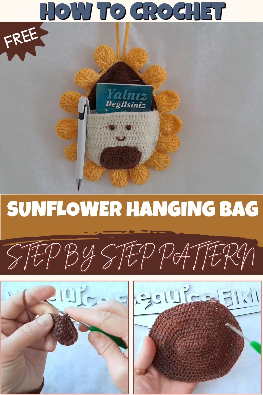 Crochet sunflower wall hanging bag with yellow petals and a brown center
