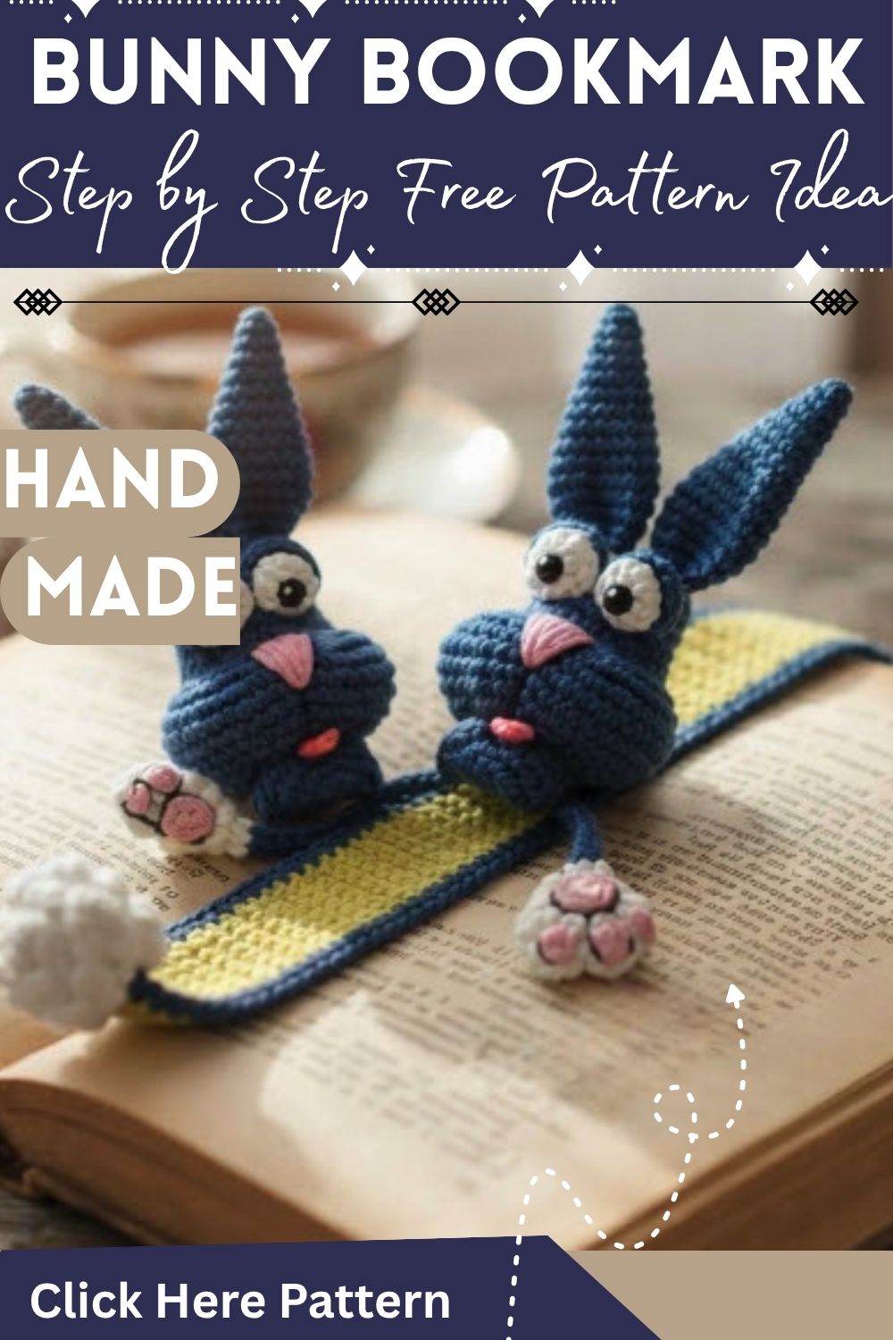 Amigurumi bunny resting between book pages