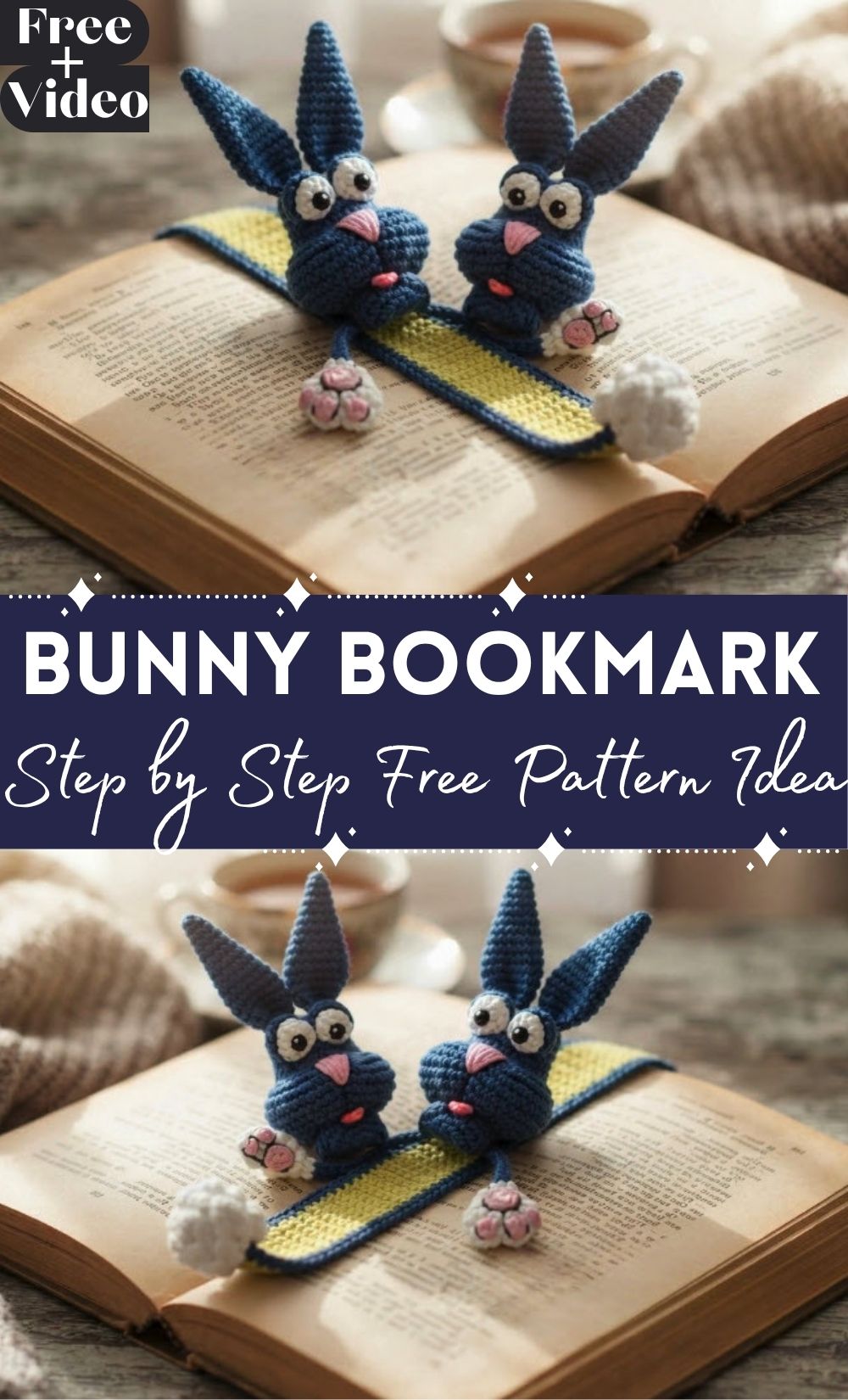 Finished crochet bunny bookmark amigurumi with tall ears and a flat strap