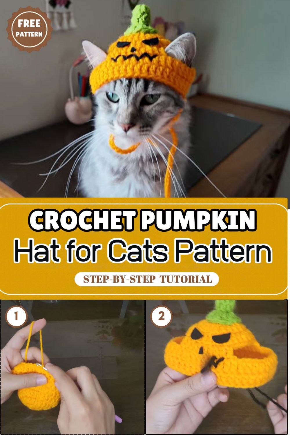 Easy crochet pumpkin hat for cats pattern in orange with a green stem