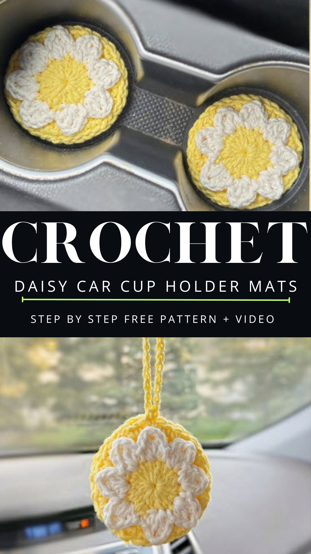 Daisy car cup holder mats with white petals and a yellow edge