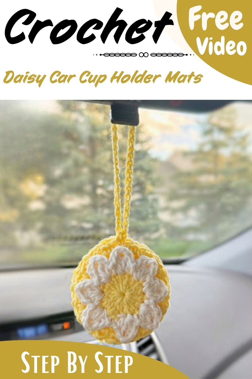 Finished daisy car cup holder mats in white and yellow