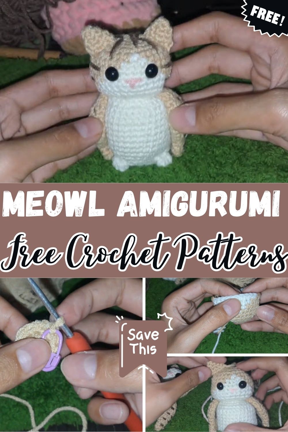 Finished free crochet meowl amigurumi pattern toy with a white face pyramid and flat wings