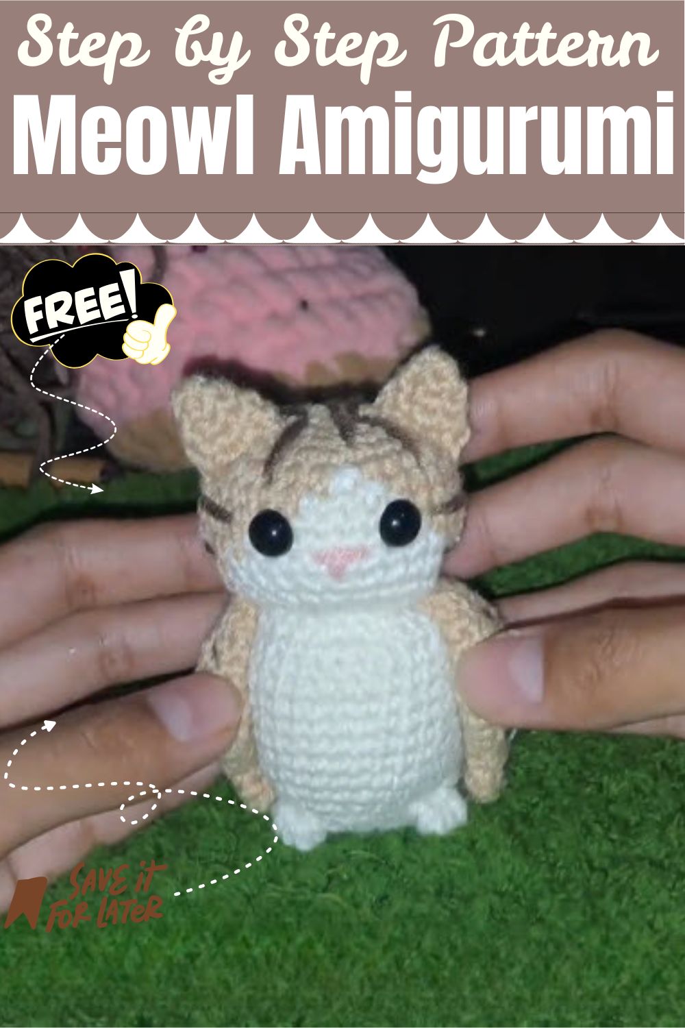 Free crochet meowl amigurumi pattern toy sitting upright with pink details