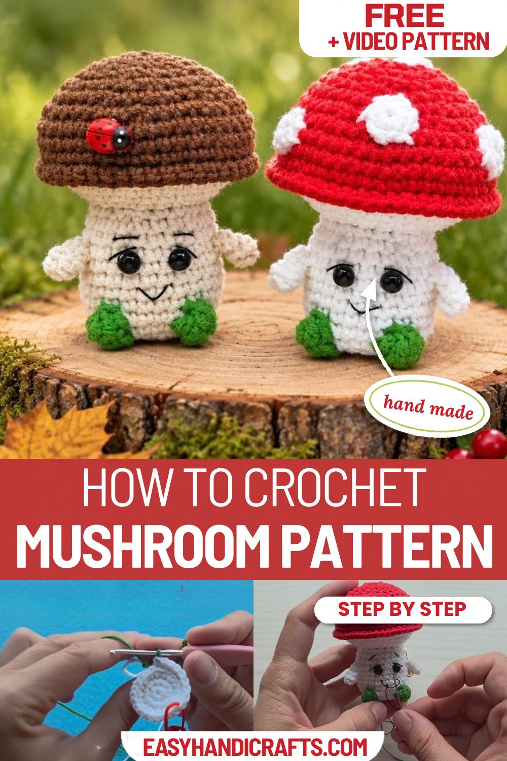 Free crochet mushroom keychain pattern with a red cap and step-by-step photos