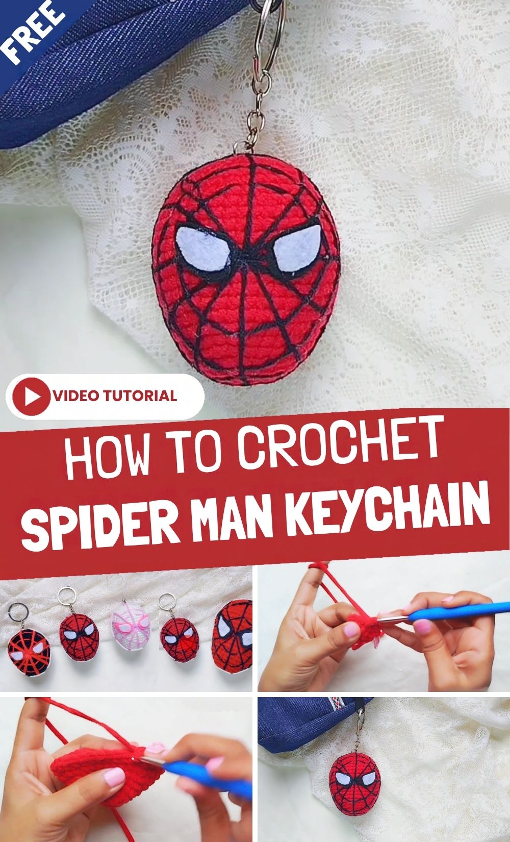 Crochet Spider-Man keychain amigurumi with a red head, white eyes and black web lines