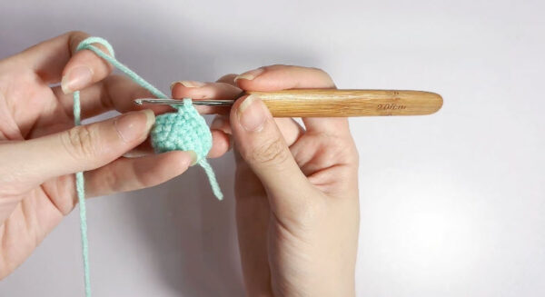 Student pig amigurumi step: mint green yarn starting the small hat piece