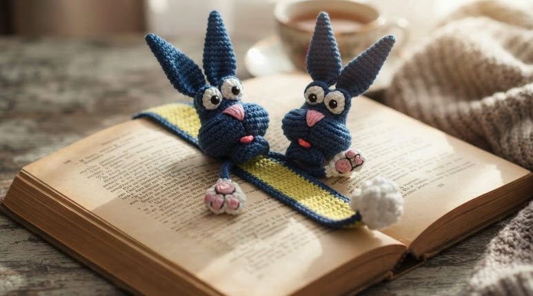 Finished crochet bunny bookmark placed on an open book