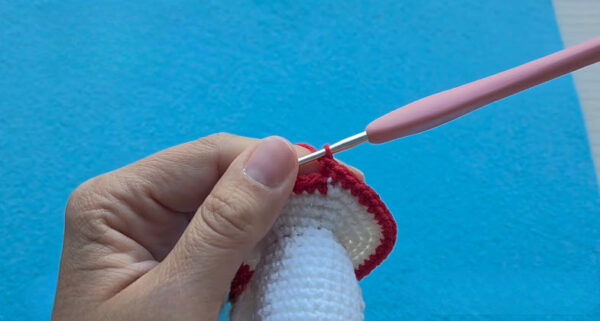 Red edging worked around the cap rim of a crochet mushroom keychain