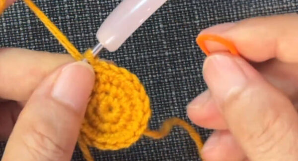 Round 4 makes a flat yellow disc of twenty-four stitches