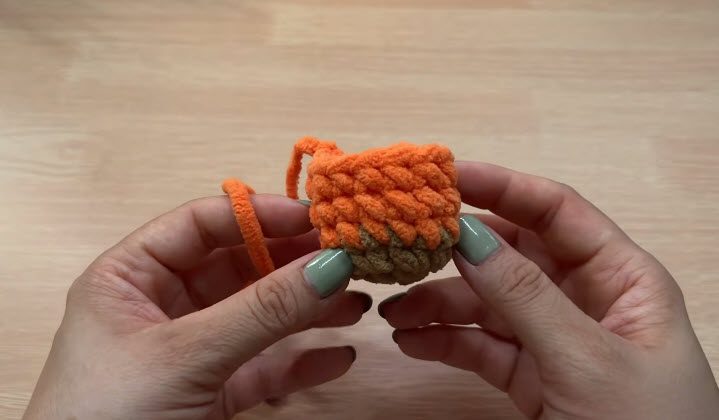 Switch to orange yarn and crochet the leg in rounds.